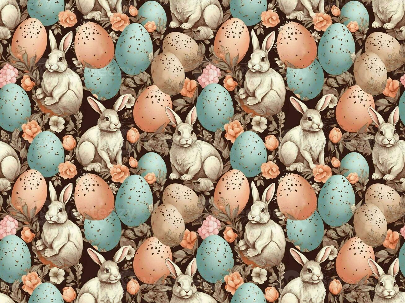 ai généré sans couture Pâques modèle avec coloré œufs, lapins et fleurs. photo