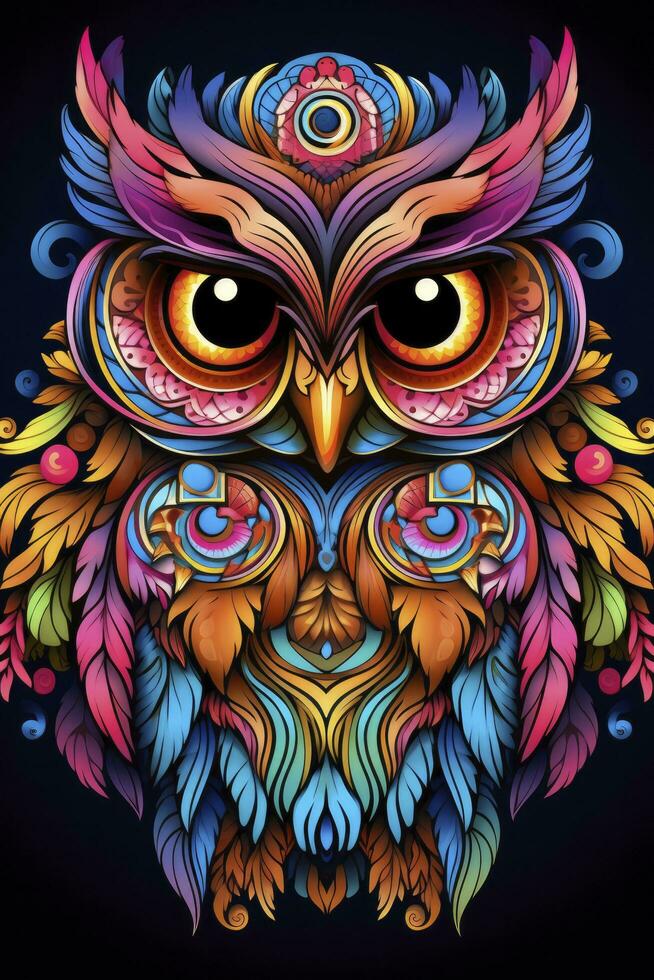 ai généré multicolore mandala hibou coloration page pour adultes. ai généré photo