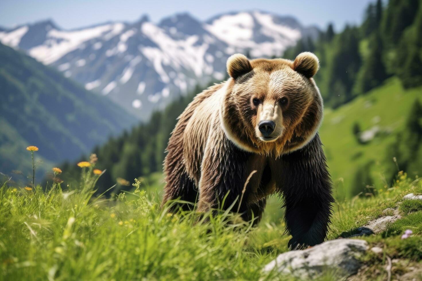 ai généré marron ours en mouvement sur le vert Prairie dans printemps la nature. ai généré photo