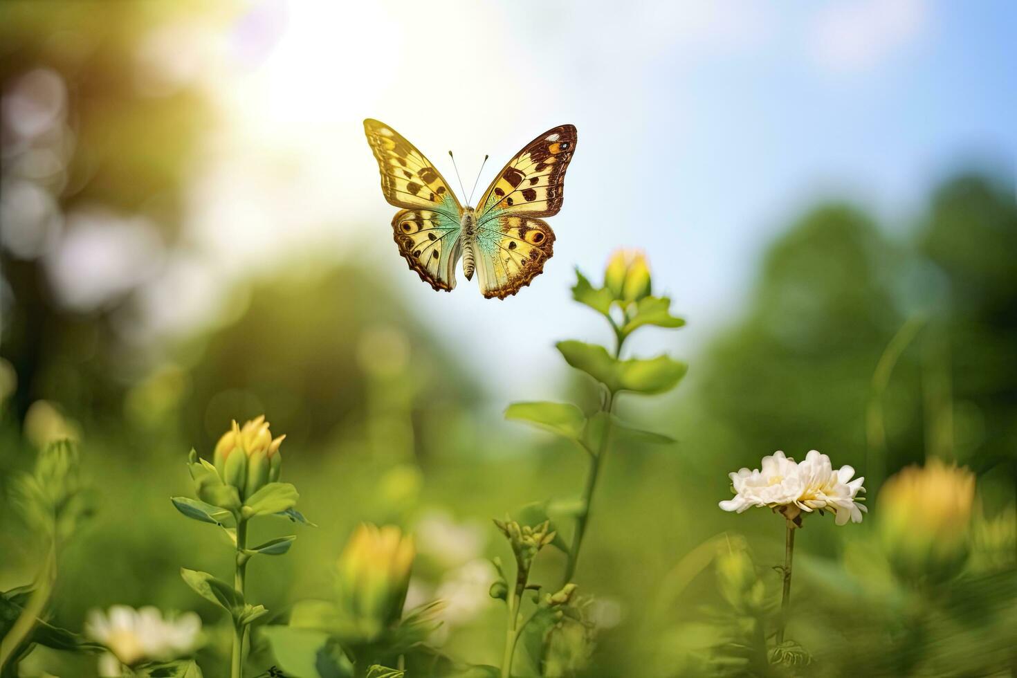 ai généré papillon en volant plus de le prairie. ai généré photo