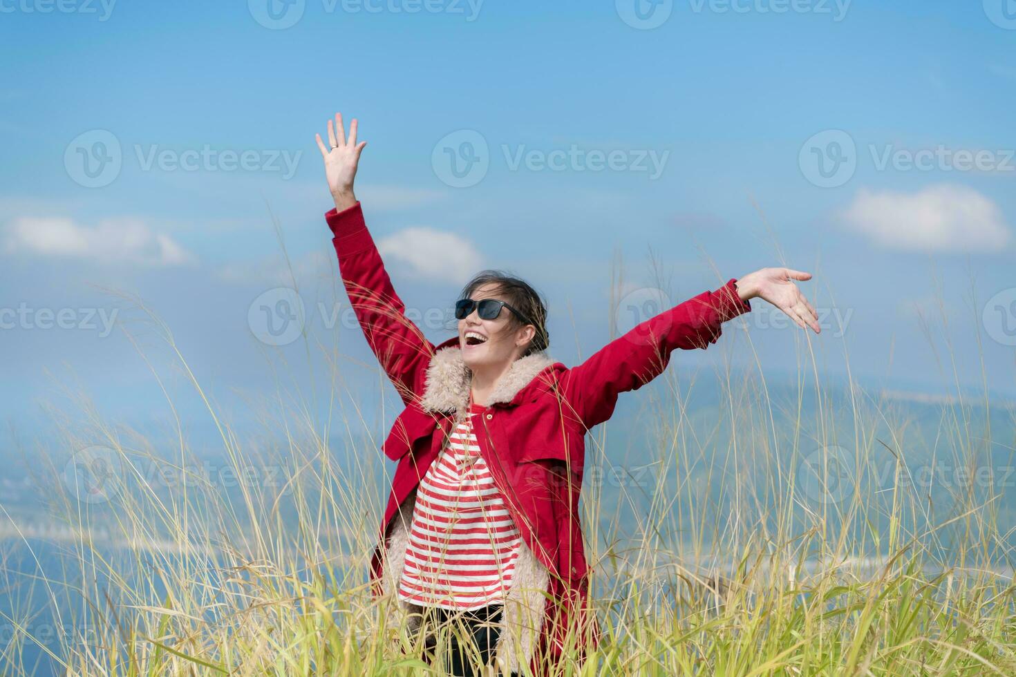 une de bonne humeur Jeune femme dans une rouge veste des stands sur Haut de une vert colline, bras diffuser. photo