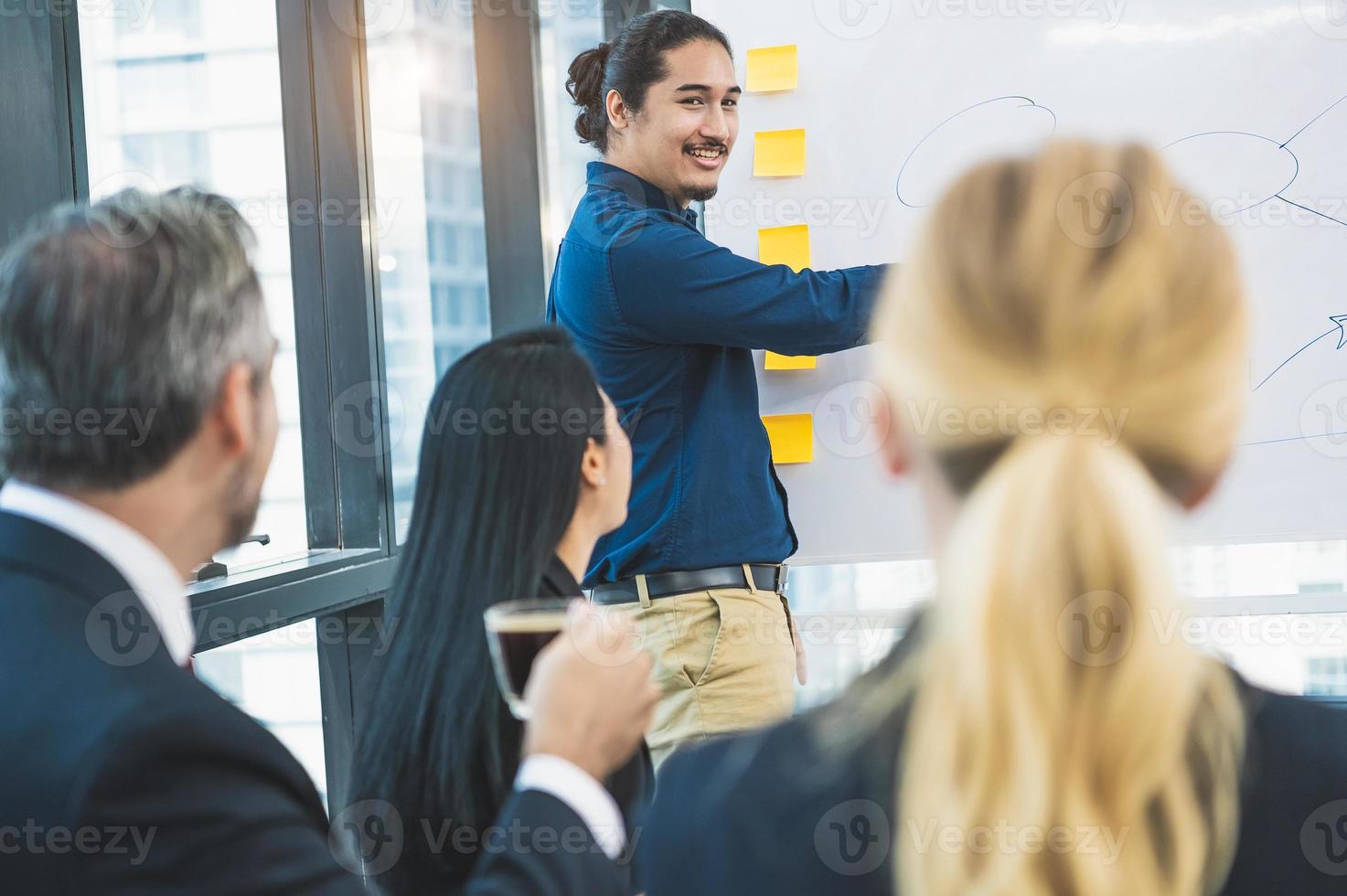 Le groupe de gens d'affaires a écouté les instructeurs expliquer la stratégie de marketing en fonction du plan budgétaire en vigueur. l'équipe commerciale se réunit et discute pour le démarrage d'un nouveau projet photo