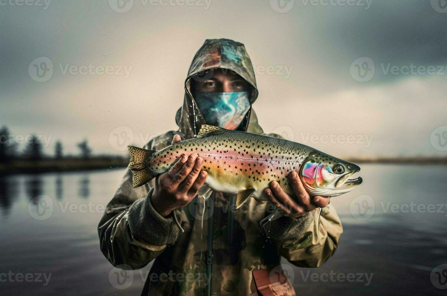 ai généré pêcheur sur au bord de la rivière en portant pris poisson. produire ai photo