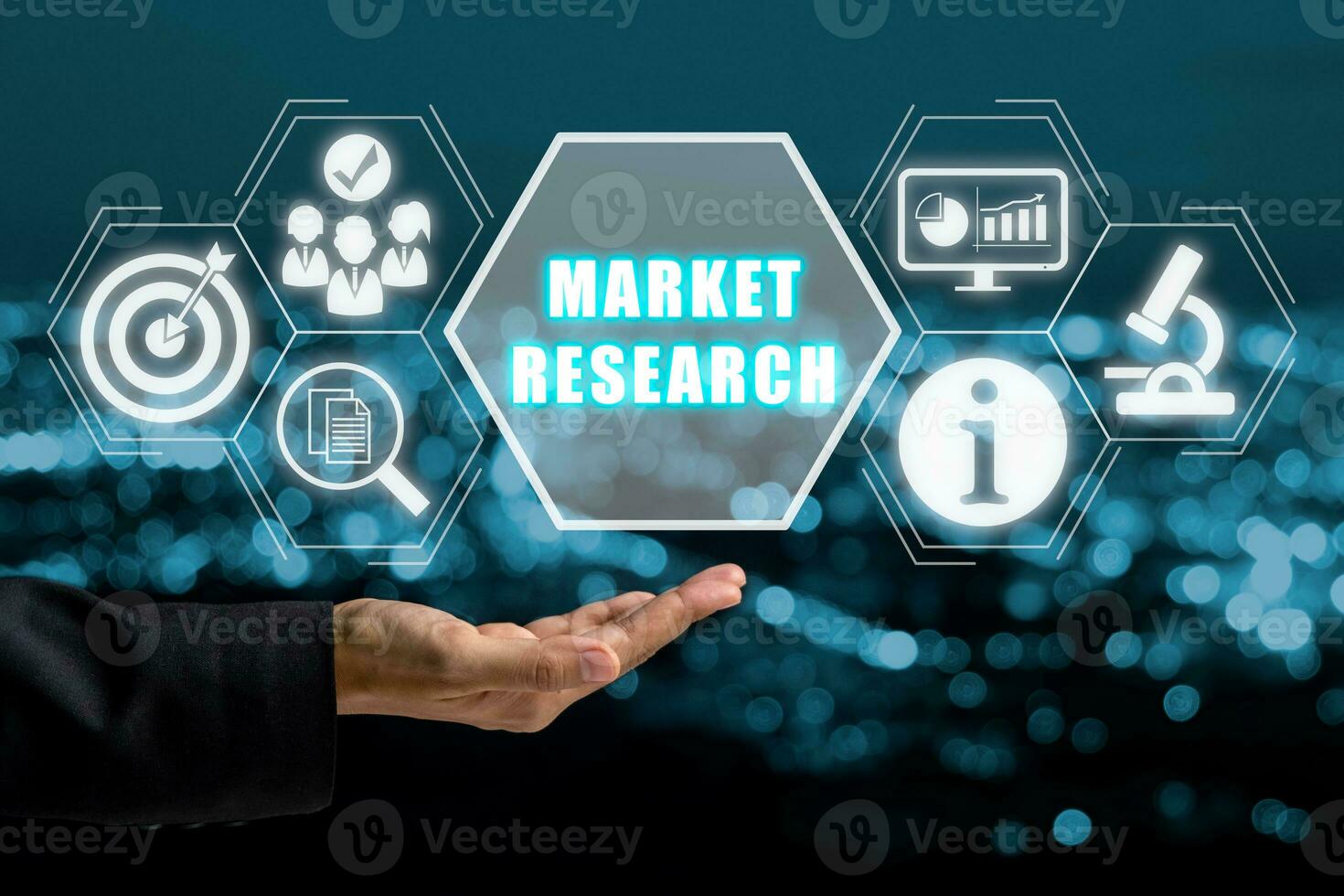 marché recherche concept, affaires main en portant marché recherche icône sur virtuel écran avec bleu bokeh Contexte. photo
