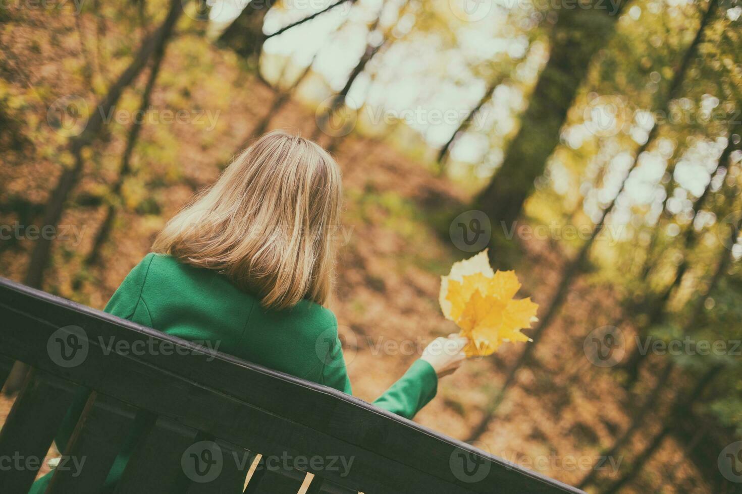 femme en portant tomber feuille et prendre plaisir dans l'automne tandis que séance dans le parc. photo