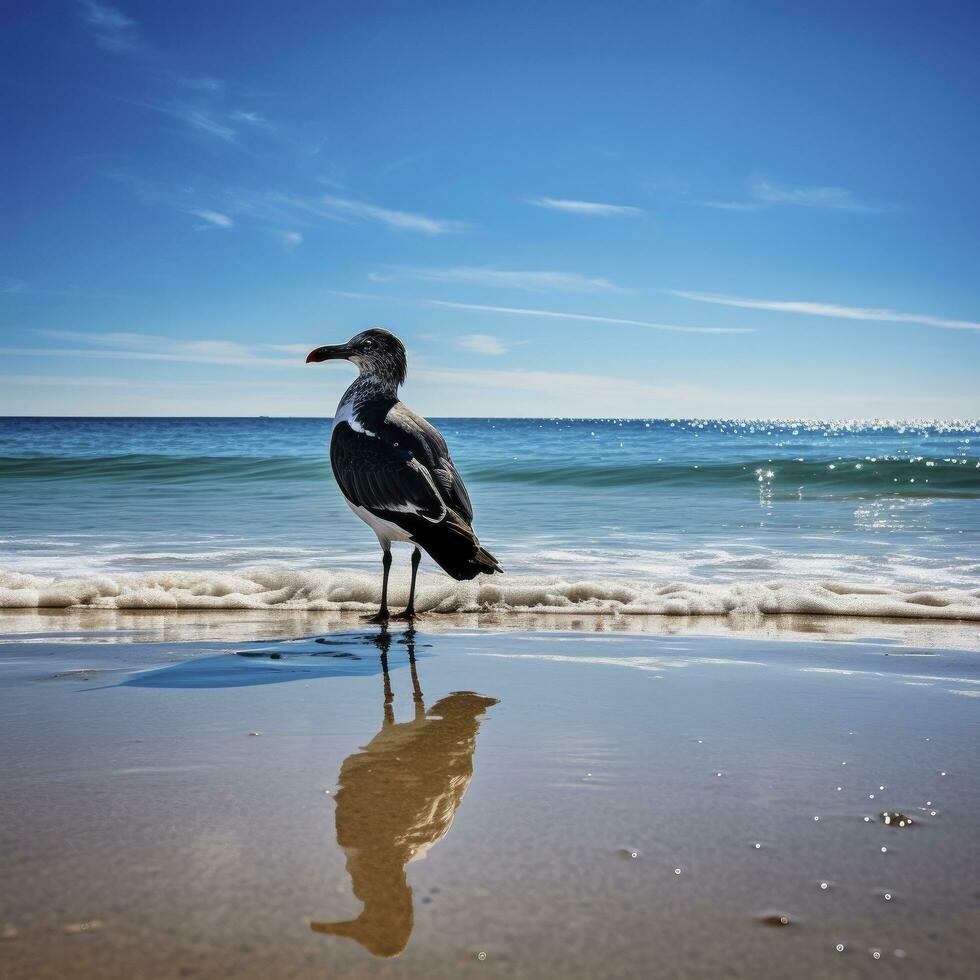 ai généré mouette sur le plage en dessous de bleu ciel. photo