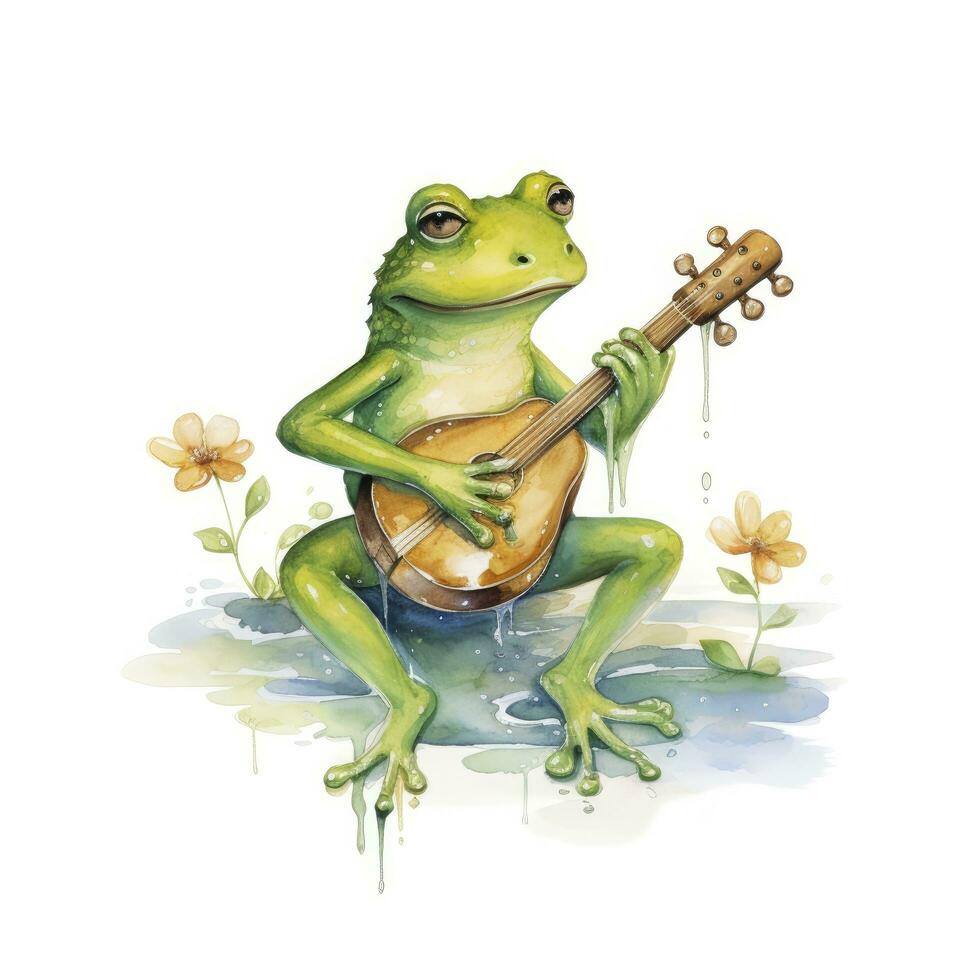 ai généré aquarelle vert grenouille en jouant une minuscule musical instrument sur blanc Contexte. ai généré photo