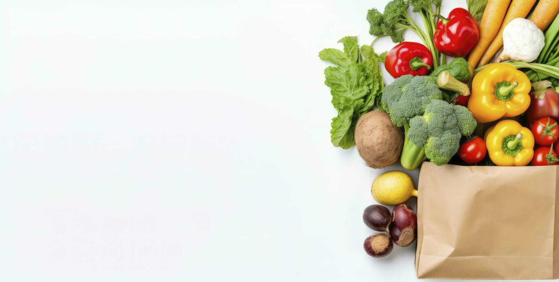 ai généré en bonne santé nourriture dans papier sac des légumes et des fruits sur blanc Contexte. ai généré photo