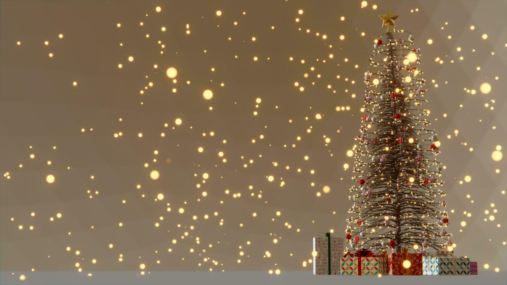 3d ouvrages d'art ,Noël arbre décoration avec lumière, verre Balle et rouge ornements sur Contexte bokeh de côté vacillant lumière ampoules guirlandes pour famille hiver vacances. 8k résolution photo