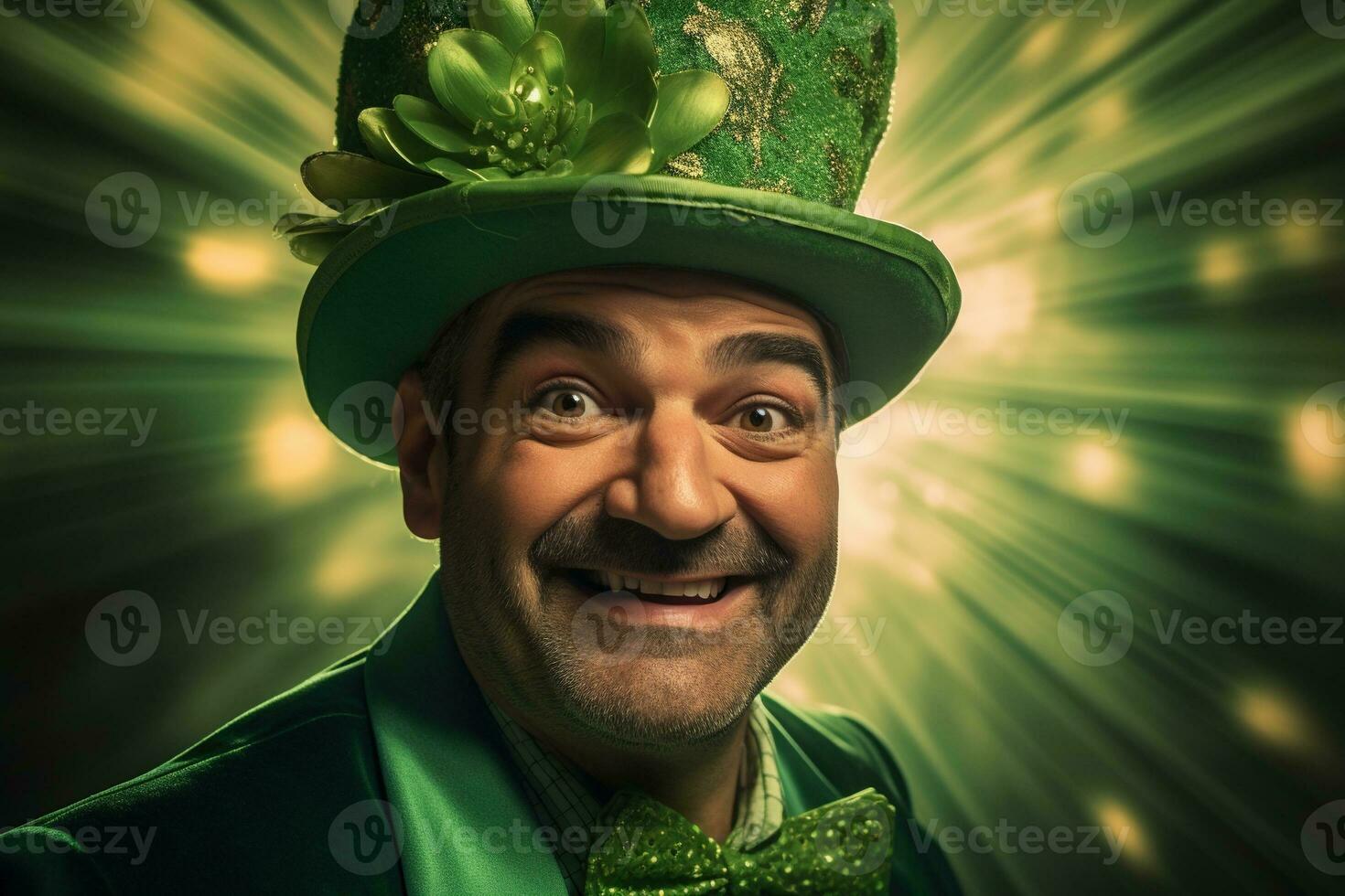 ai généré portrait de une content lutin avec trèfle feuilles. st. patrick's journée. photo