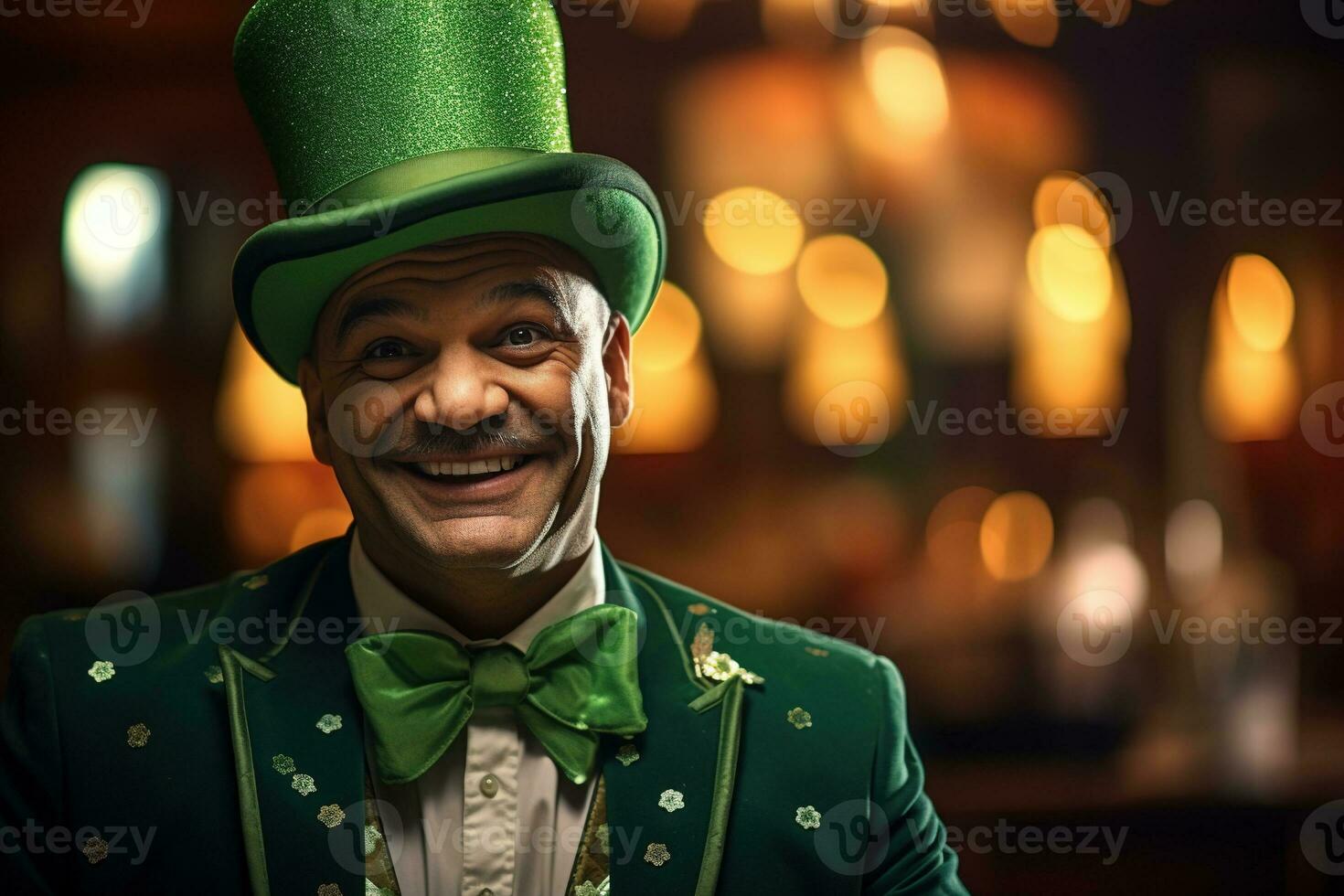 ai généré portrait de une content lutin avec trèfle feuilles. st. patrick's journée. photo