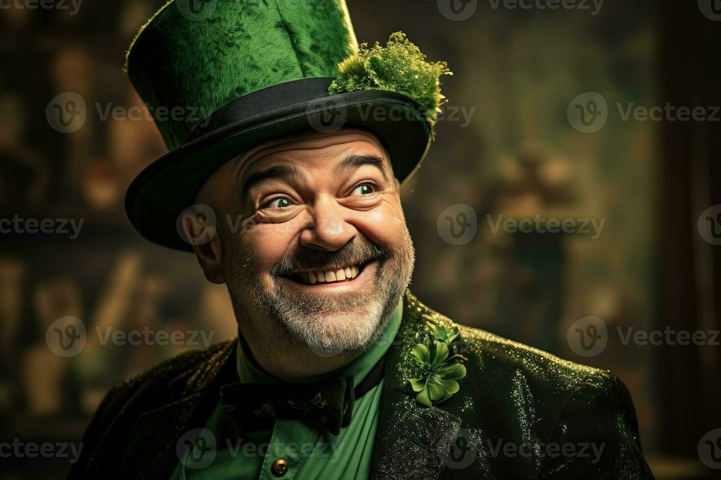 ai généré portrait de une content lutin avec trèfle feuilles. st. patrick's journée. photo