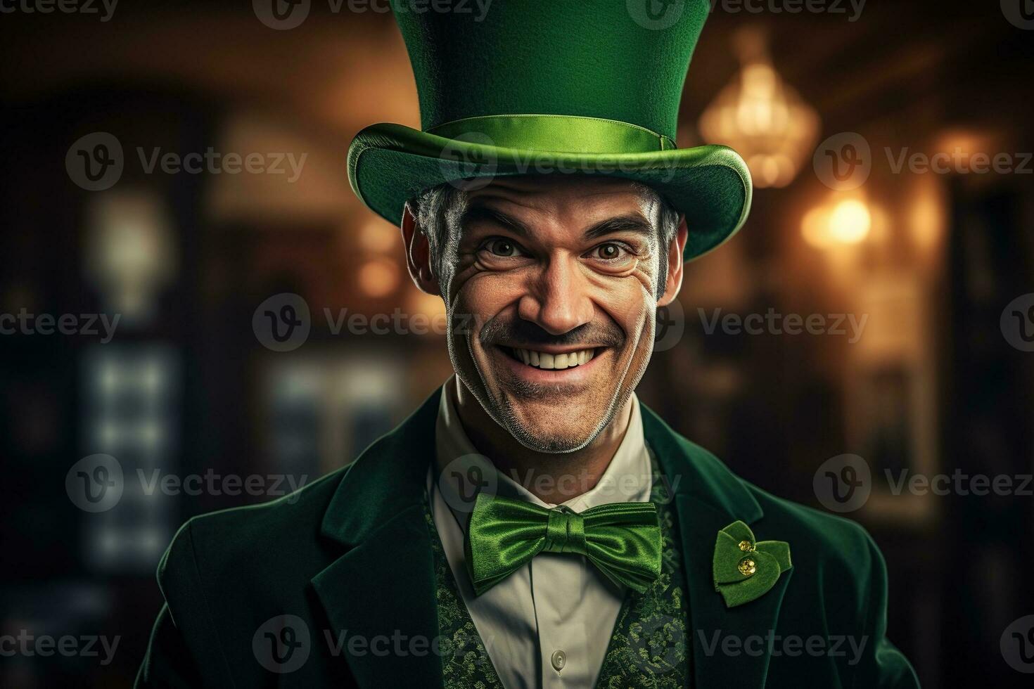 ai généré portrait de une content lutin avec trèfle feuilles. st. patrick's journée. photo