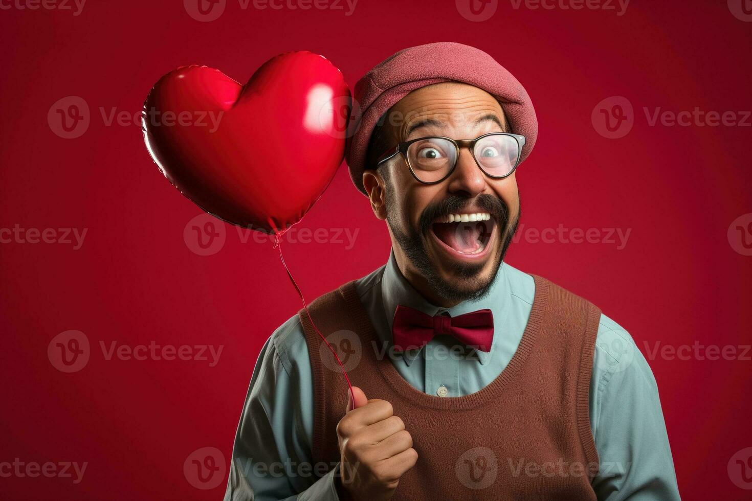 ai généré portrait de une content homme avec une rouge cœur sur la Saint-Valentin journée concept. photo