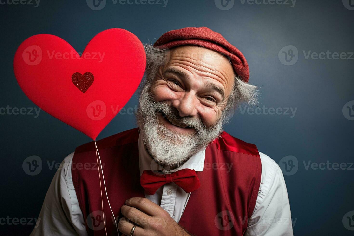 ai généré portrait de une content homme avec une rouge cœur sur la Saint-Valentin journée concept. photo