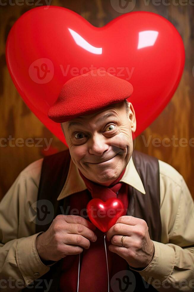 ai généré portrait de une content homme avec une rouge cœur sur la Saint-Valentin journée concept. photo