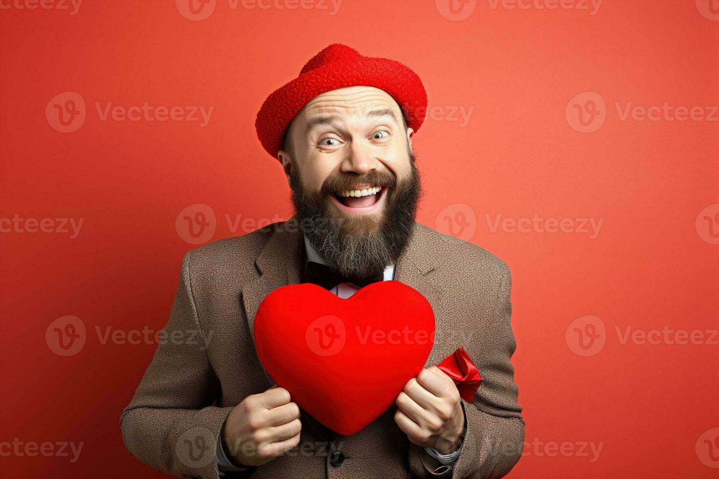 ai généré portrait de une content homme avec une rouge cœur sur la Saint-Valentin journée concept. photo