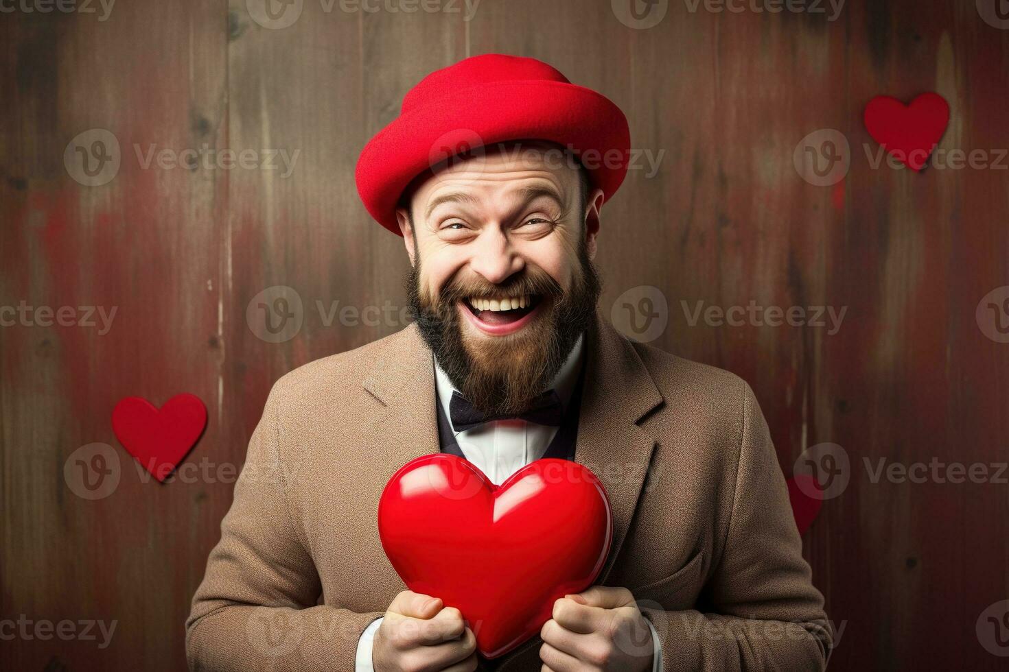 ai généré portrait de une content homme avec une rouge cœur sur la Saint-Valentin journée concept. photo