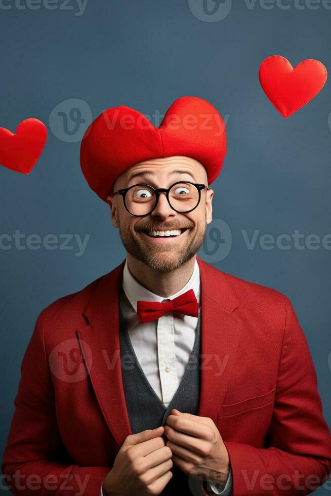 ai généré portrait de une content homme avec une rouge cœur sur la Saint-Valentin journée concept. photo