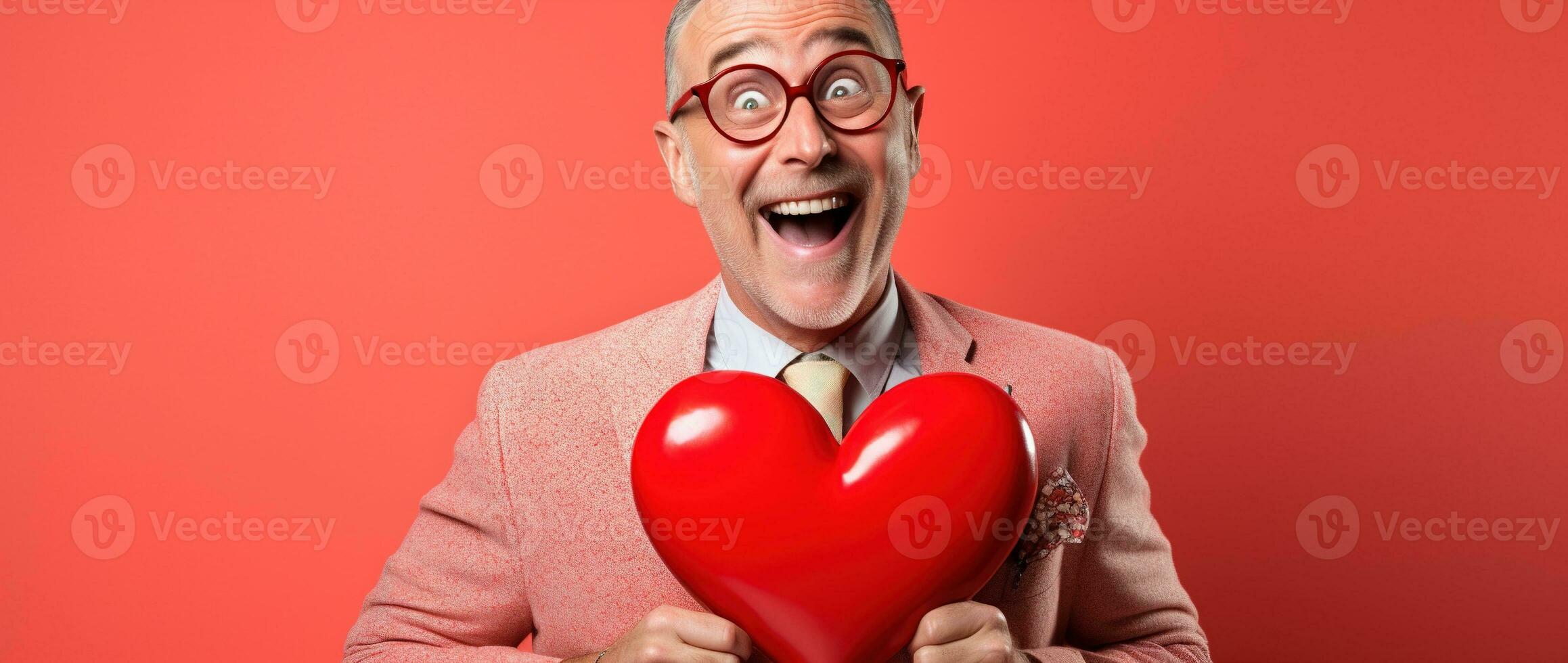 ai généré portrait de une content homme avec une rouge cœur sur la Saint-Valentin journée concept. photo