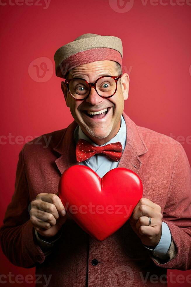 ai généré portrait de une content homme avec une rouge cœur sur la Saint-Valentin journée concept. photo