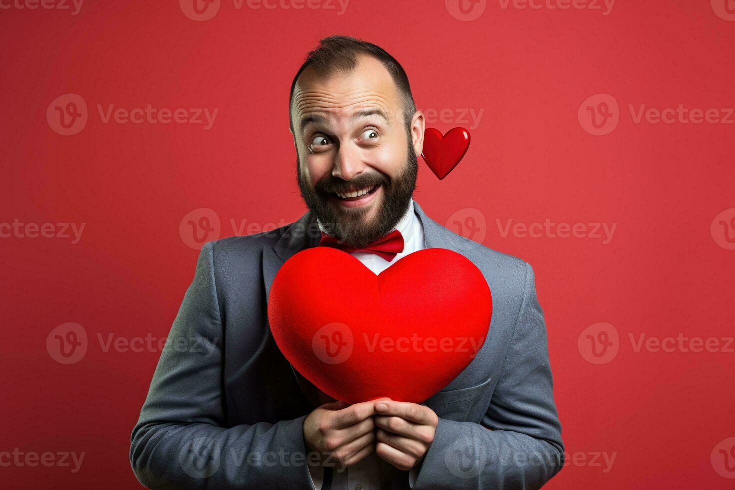 ai généré portrait de une content homme avec une rouge cœur sur la Saint-Valentin journée concept. photo