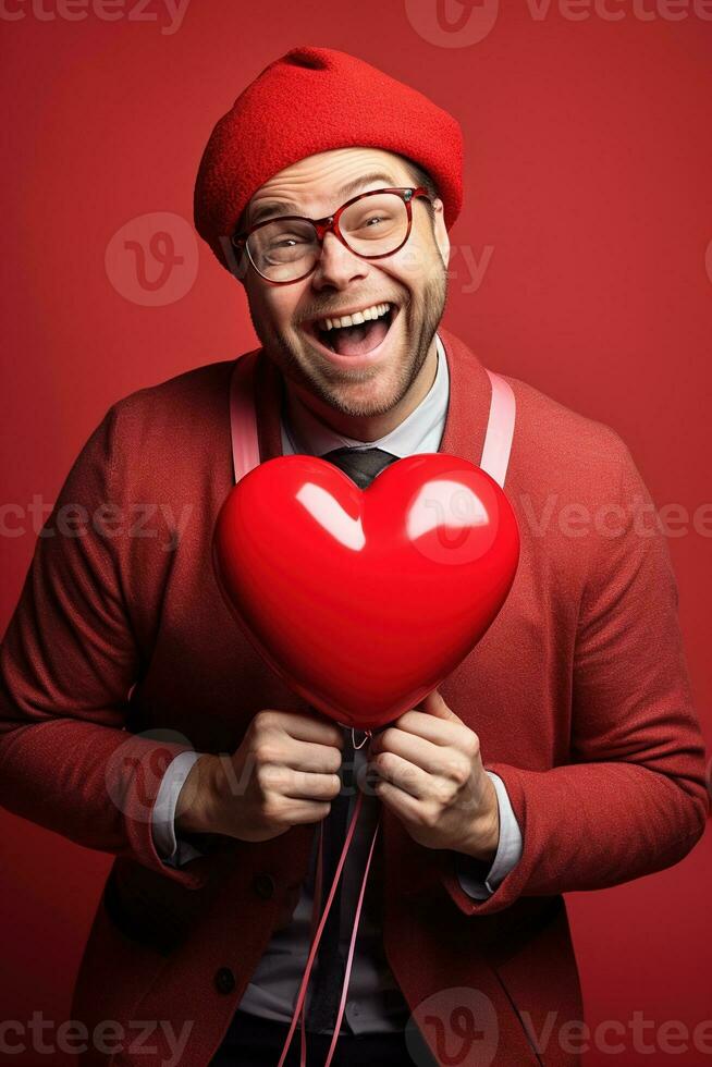 ai généré portrait de une content homme avec une rouge cœur sur la Saint-Valentin journée concept. photo