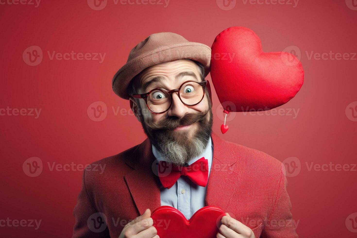 ai généré portrait de une content homme avec une rouge cœur sur la Saint-Valentin journée concept. photo