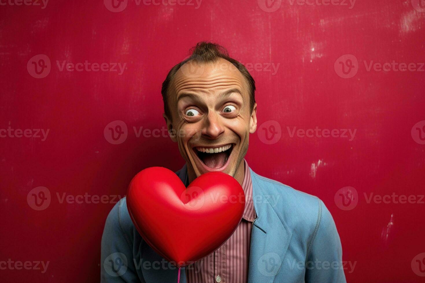 ai généré portrait de une content homme avec une rouge cœur sur la Saint-Valentin journée concept. photo