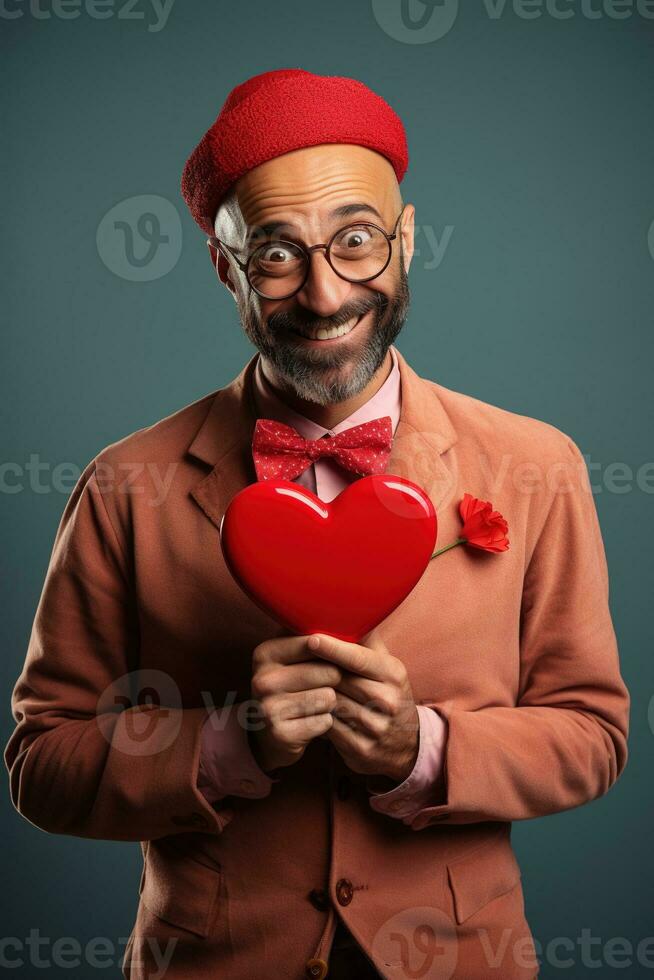 ai généré portrait de une content homme avec une rouge cœur sur la Saint-Valentin journée concept. photo