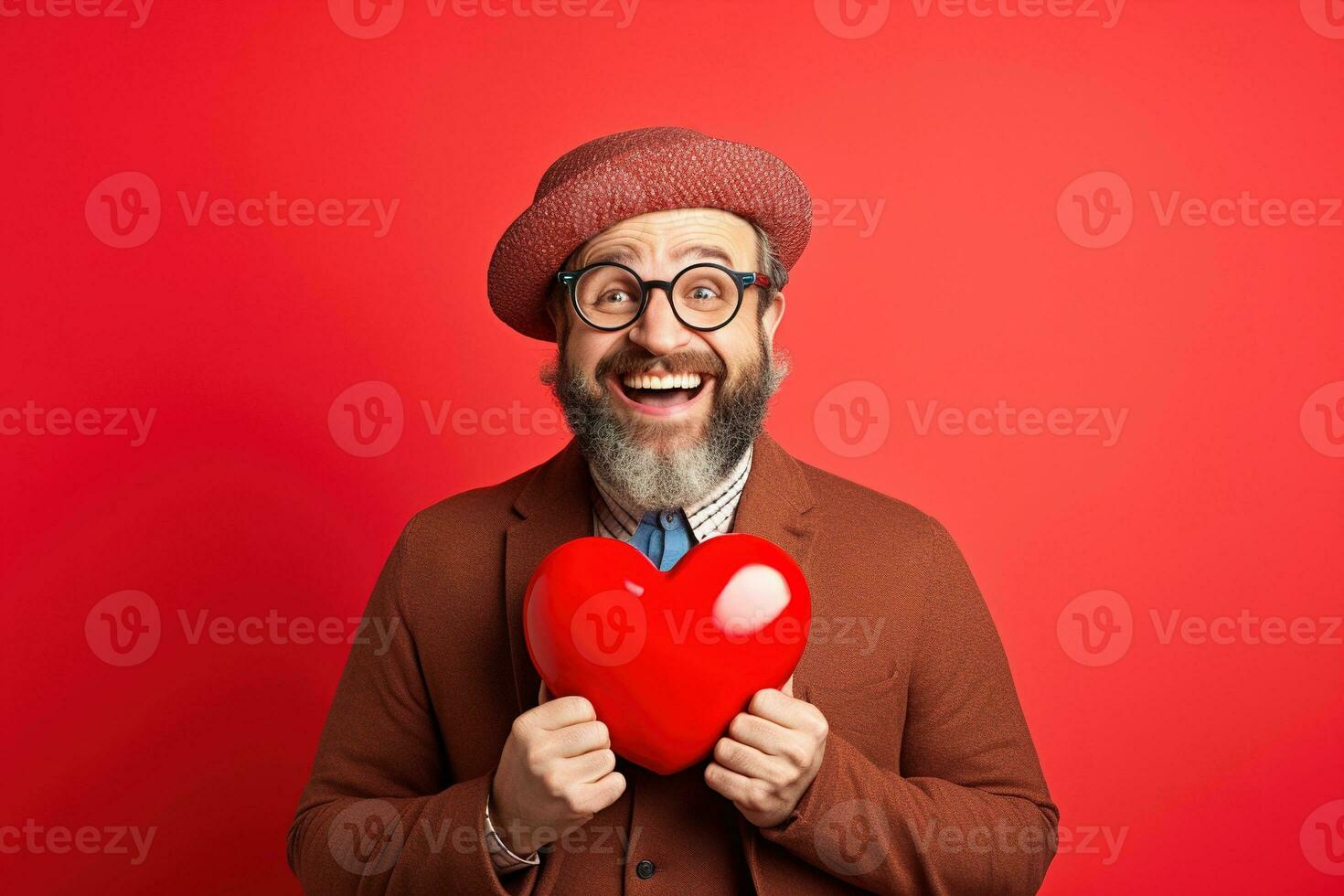 ai généré portrait de une content homme avec une rouge cœur sur la Saint-Valentin journée concept. photo