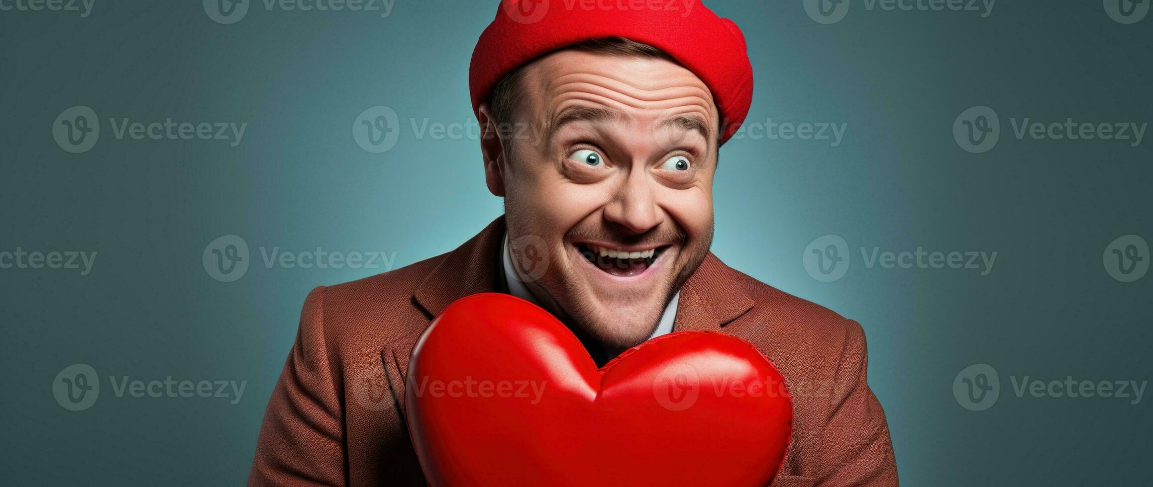 ai généré portrait de une content homme avec une rouge cœur sur la Saint-Valentin journée concept. photo