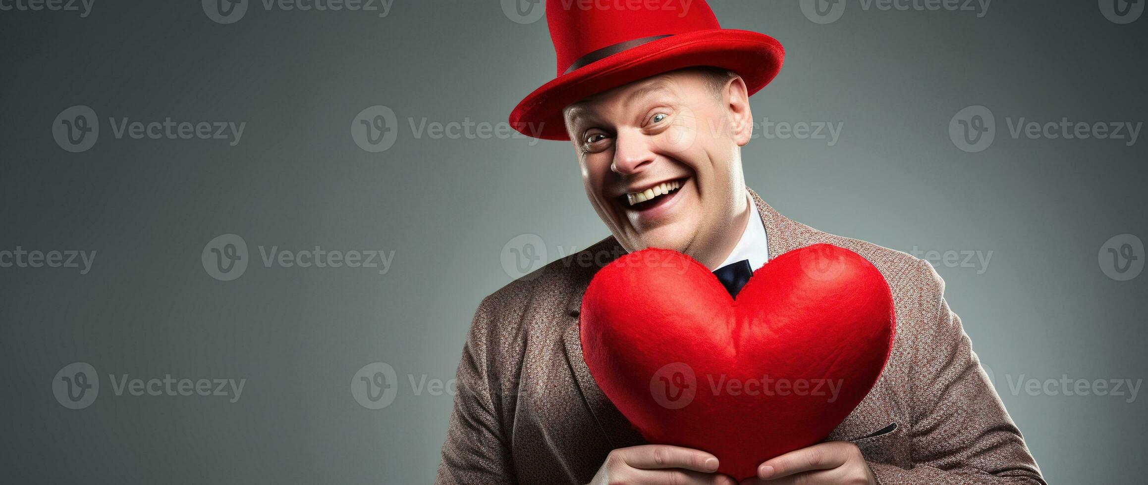 ai généré portrait de une content homme avec une rouge cœur sur la Saint-Valentin journée concept. photo