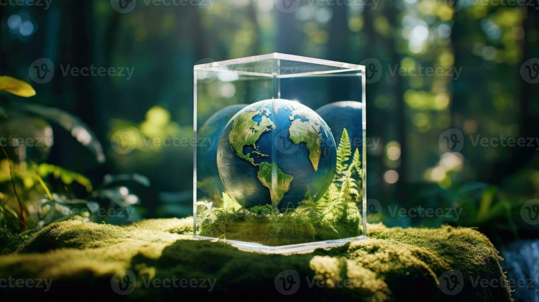 Terre cristal verre globe Balle et croissance arbre pose sur le tableau.  économie environnement, enregistrer nettoyer planète, écologie concept.  carte pour monde Terre journée. génératif ai. 22576367 Photo de stock chez  Vecteezy