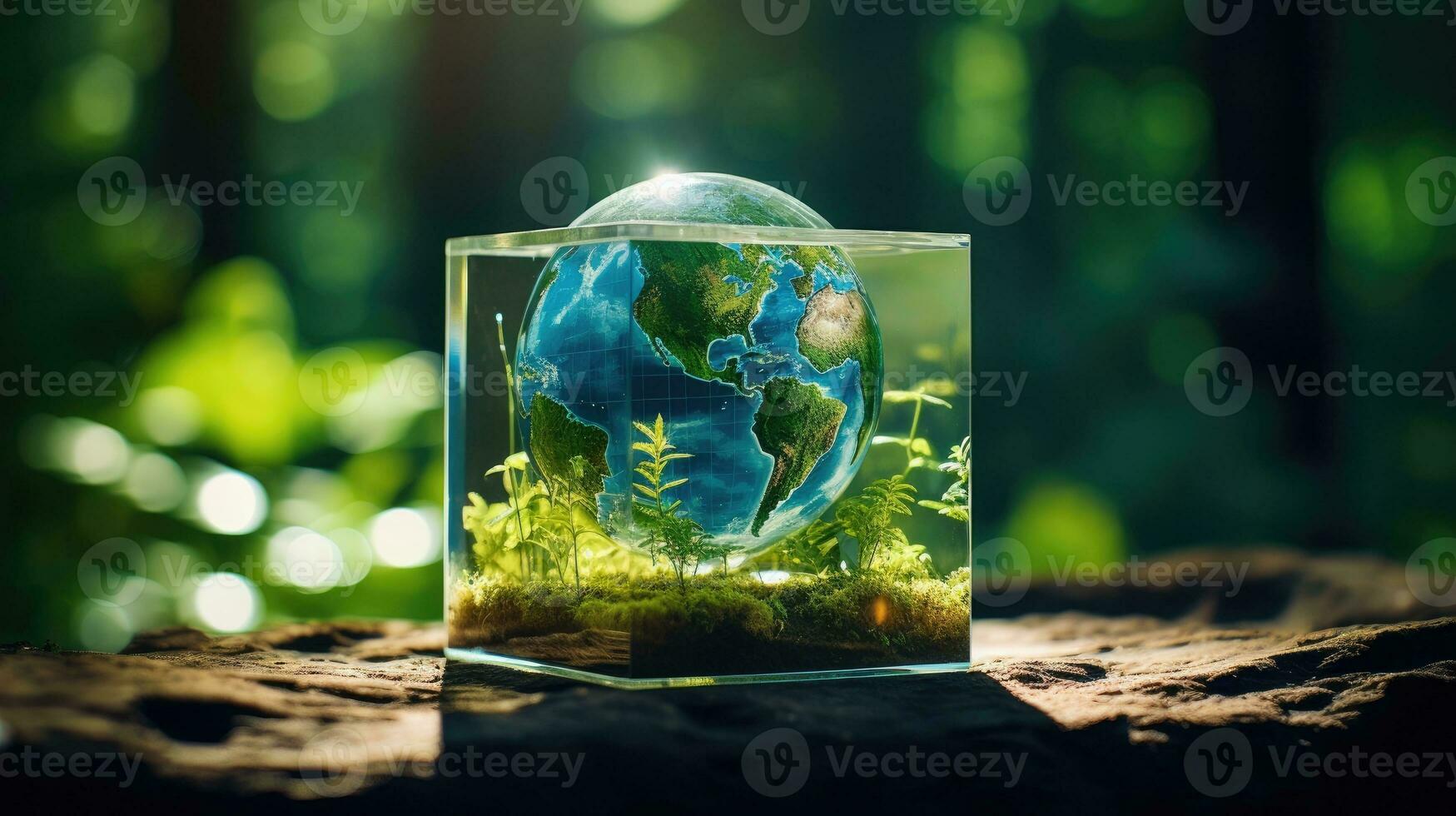 Terre cristal verre globe Balle et croissance arbre pose sur le tableau.  économie environnement, enregistrer nettoyer planète, écologie concept.  carte pour monde Terre journée. génératif ai. 22576367 Photo de stock chez  Vecteezy