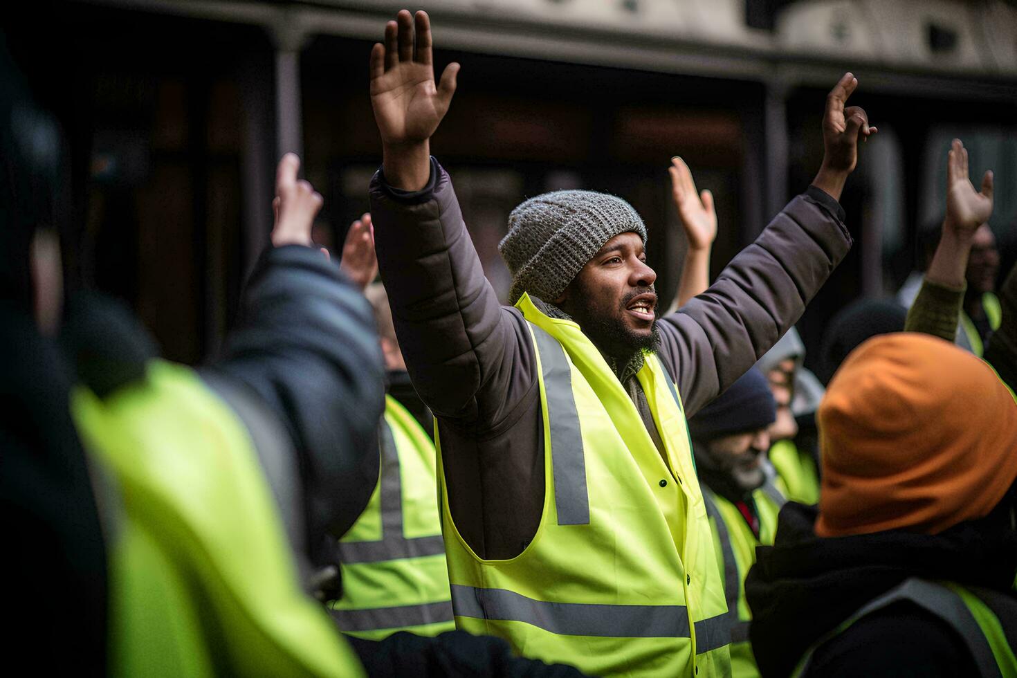 ai généré photo content espiègle Multi-éthnique de la main d'oeuvre journée fête dans rue