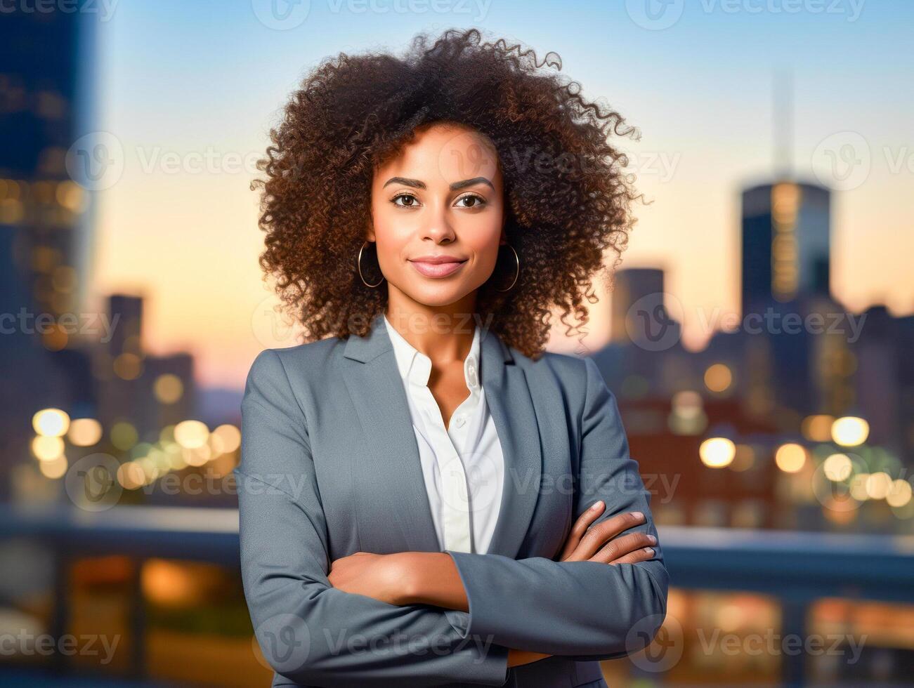 ai généré une prêt africain américain femme d'affaires avec bras franchi des stands avant une ville horizon illuminé par le couleurs de crépuscule, dépeindre confiance et professionnalisme. photo