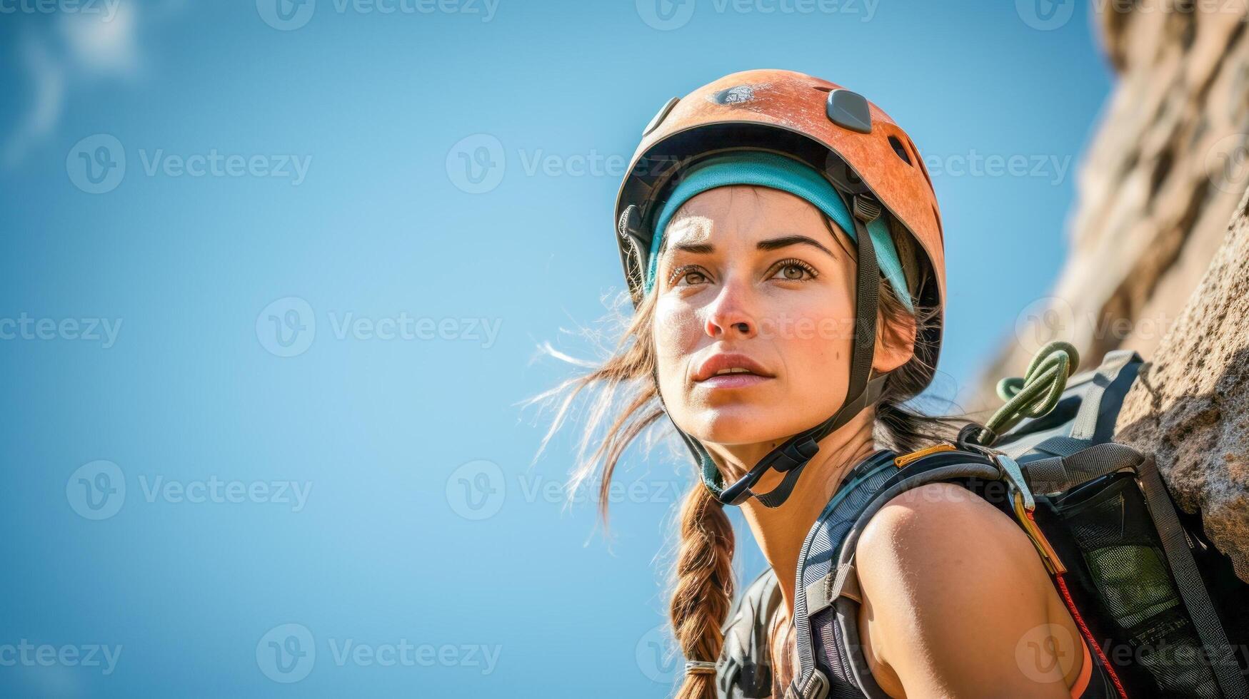 ai généré déterminé femme dans escalade casque en train de préparer pour ascension contre bleu ciel photo