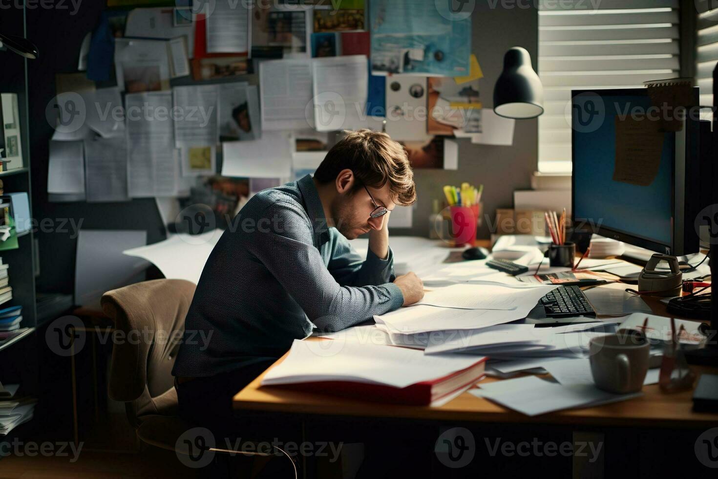 ai généré homme d'affaire penché dans le sien travail chaise il regardé ennuyé sur travail bureau les documents photo