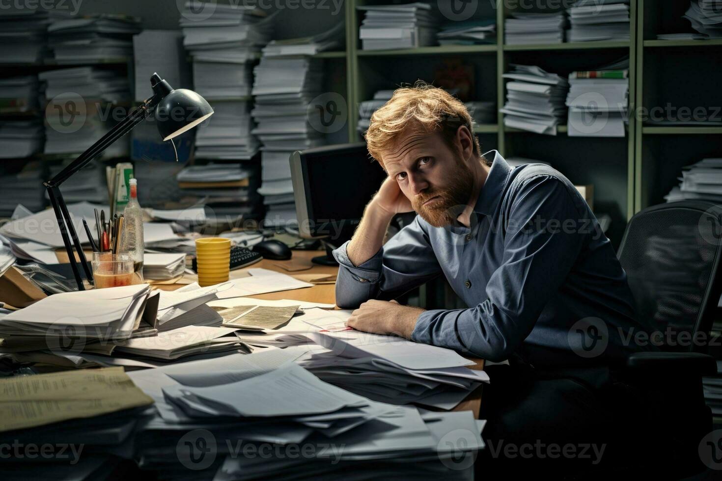 ai généré homme d'affaire penché dans le sien travail chaise il regardé ennuyé sur travail bureau les documents photo