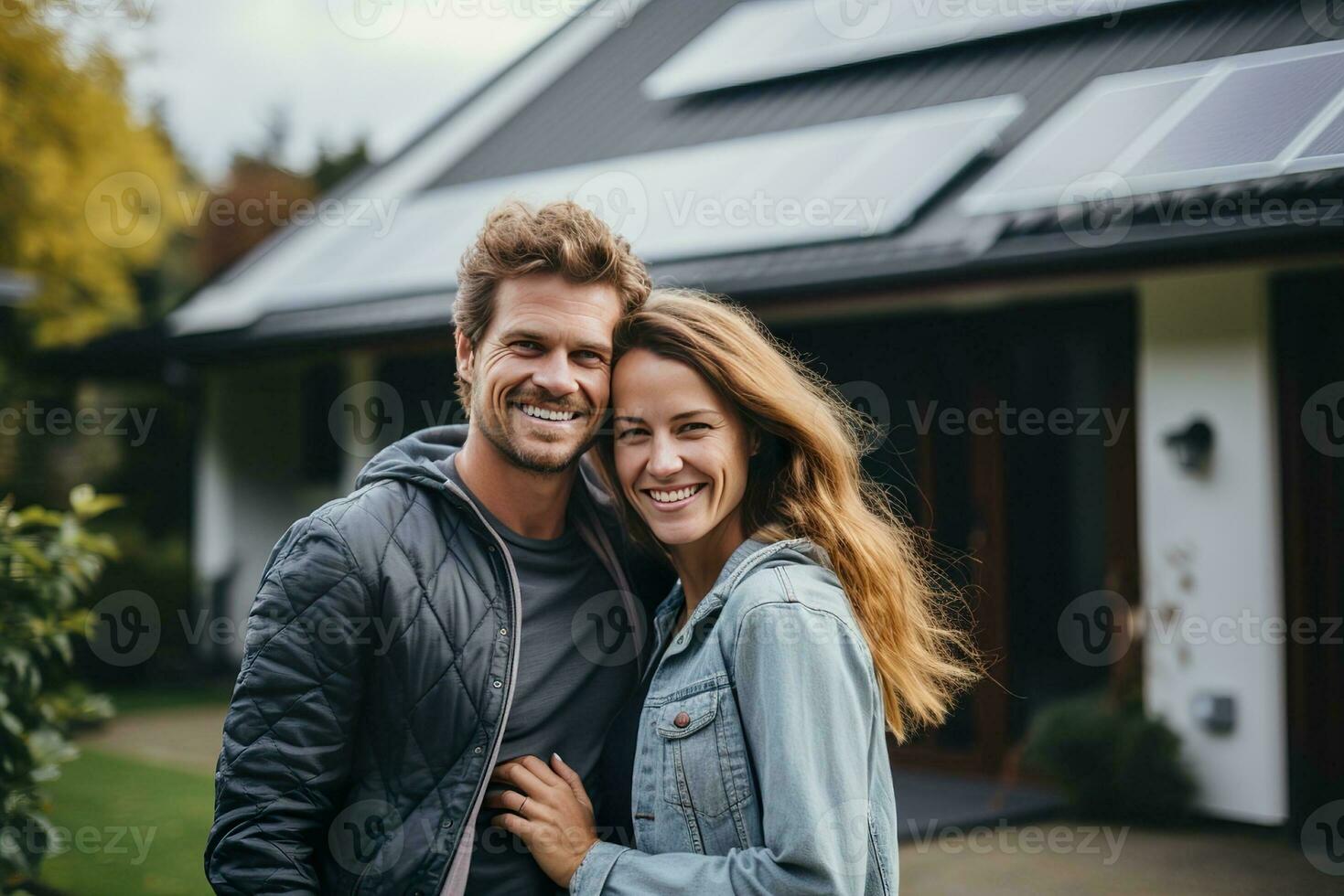 ai généré une content couple et une grand maison avec solaire panneaux installée. photo