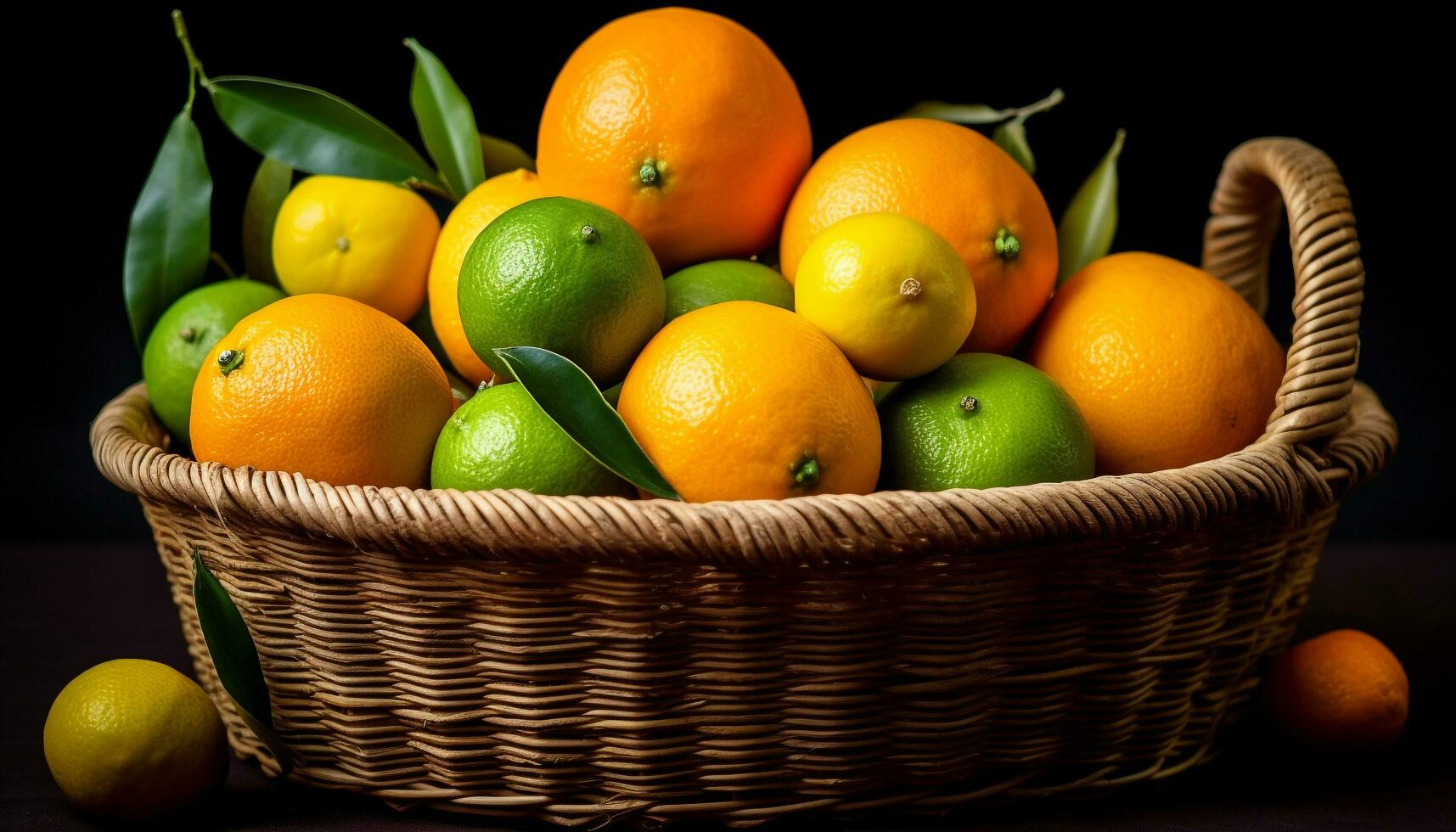 ai généré fraîcheur de agrumes fruit dans une osier panier, en bonne santé en mangeant généré par ai photo