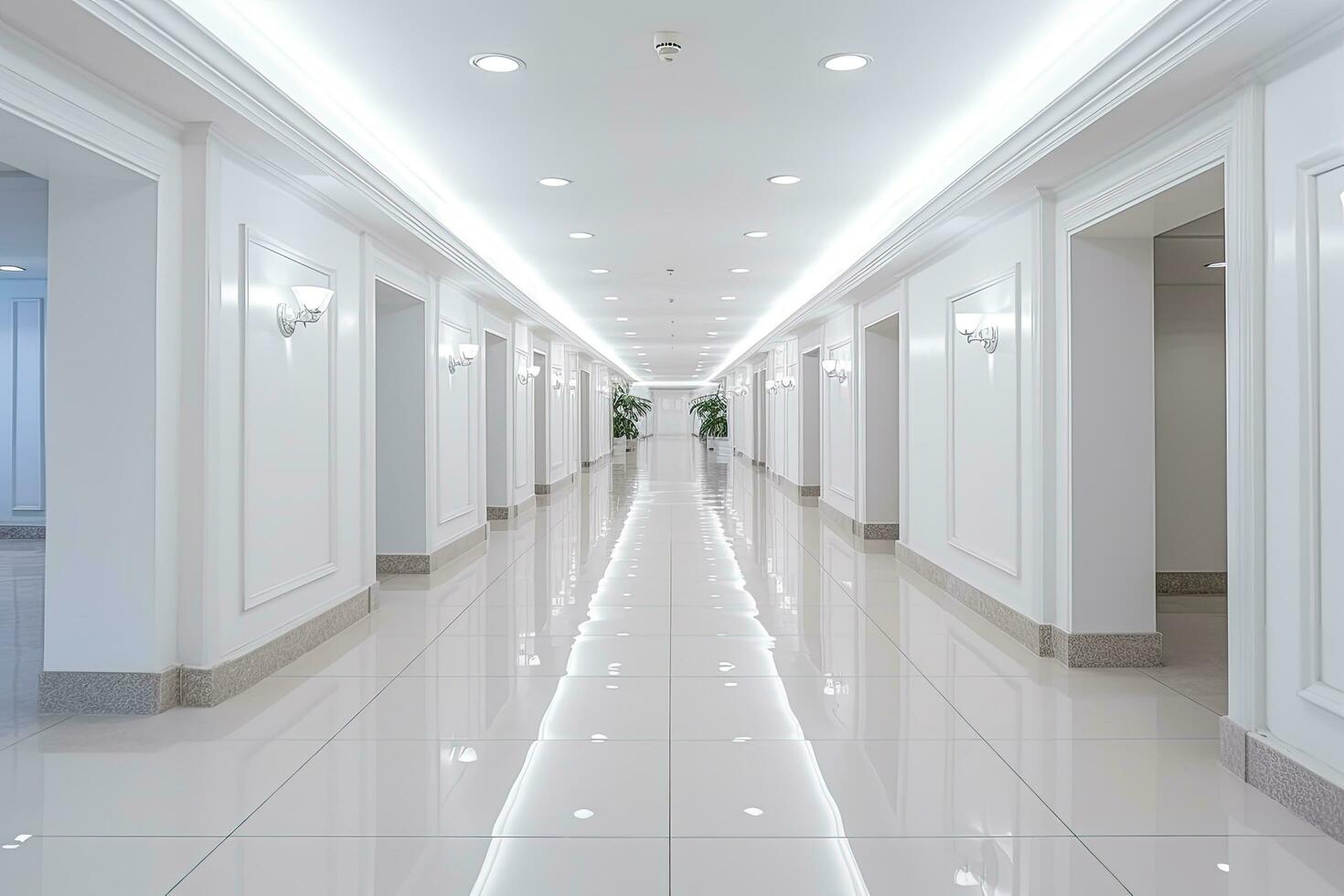 ai généré intérieur conception de une moderne luxueux blanc bâtiment couloir ou couloir avec attendre siège. ai généré photo