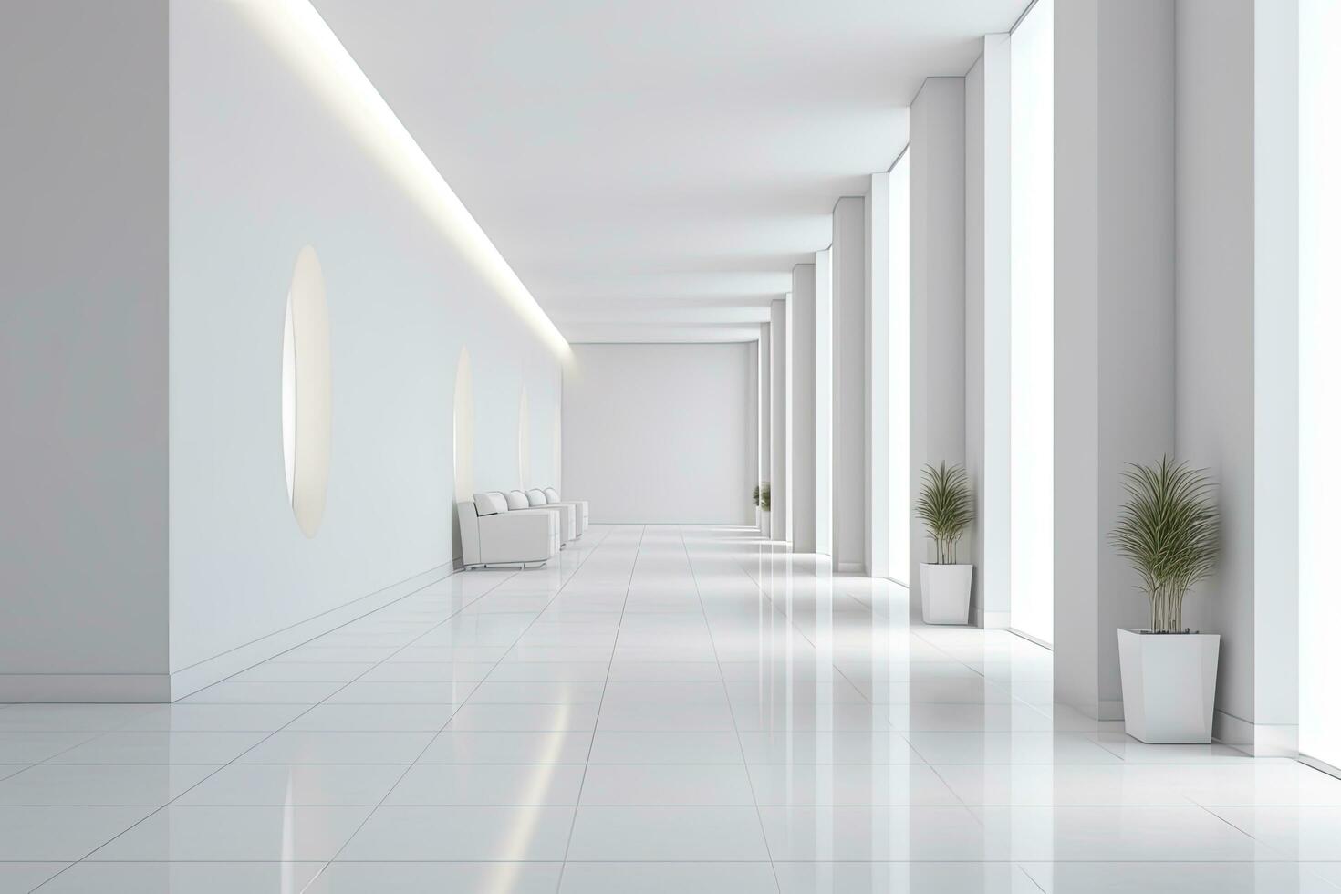 ai généré intérieur conception de une moderne luxueux blanc bâtiment couloir ou couloir avec attendre siège. ai généré photo