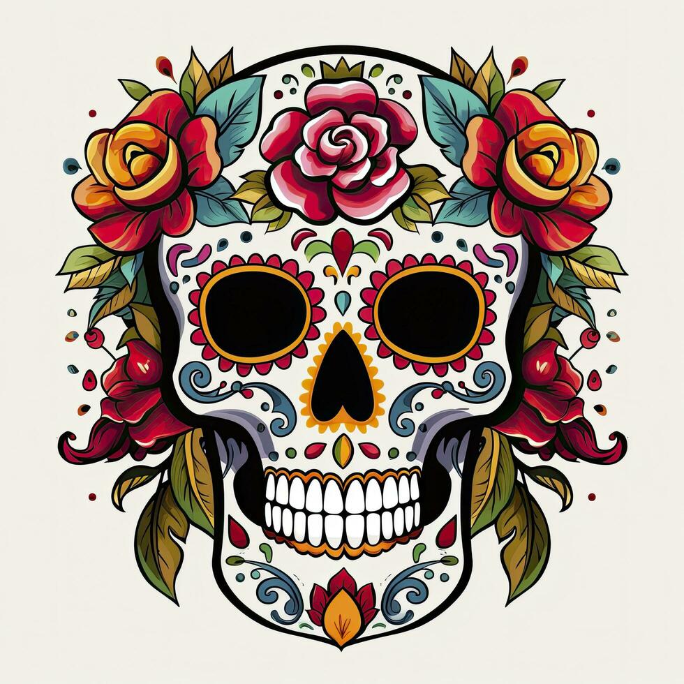 ai généré mexicain des roses crâne. mexicain des roses crâne. dia de los muertos shugar coloré diriger. ai généré photo