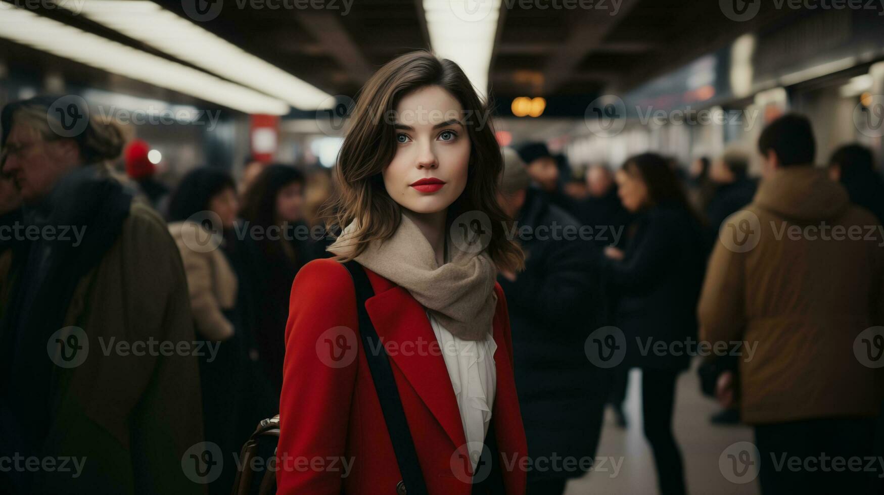 ai généré à la mode femme dans rouge veste à métro station ai généré photo