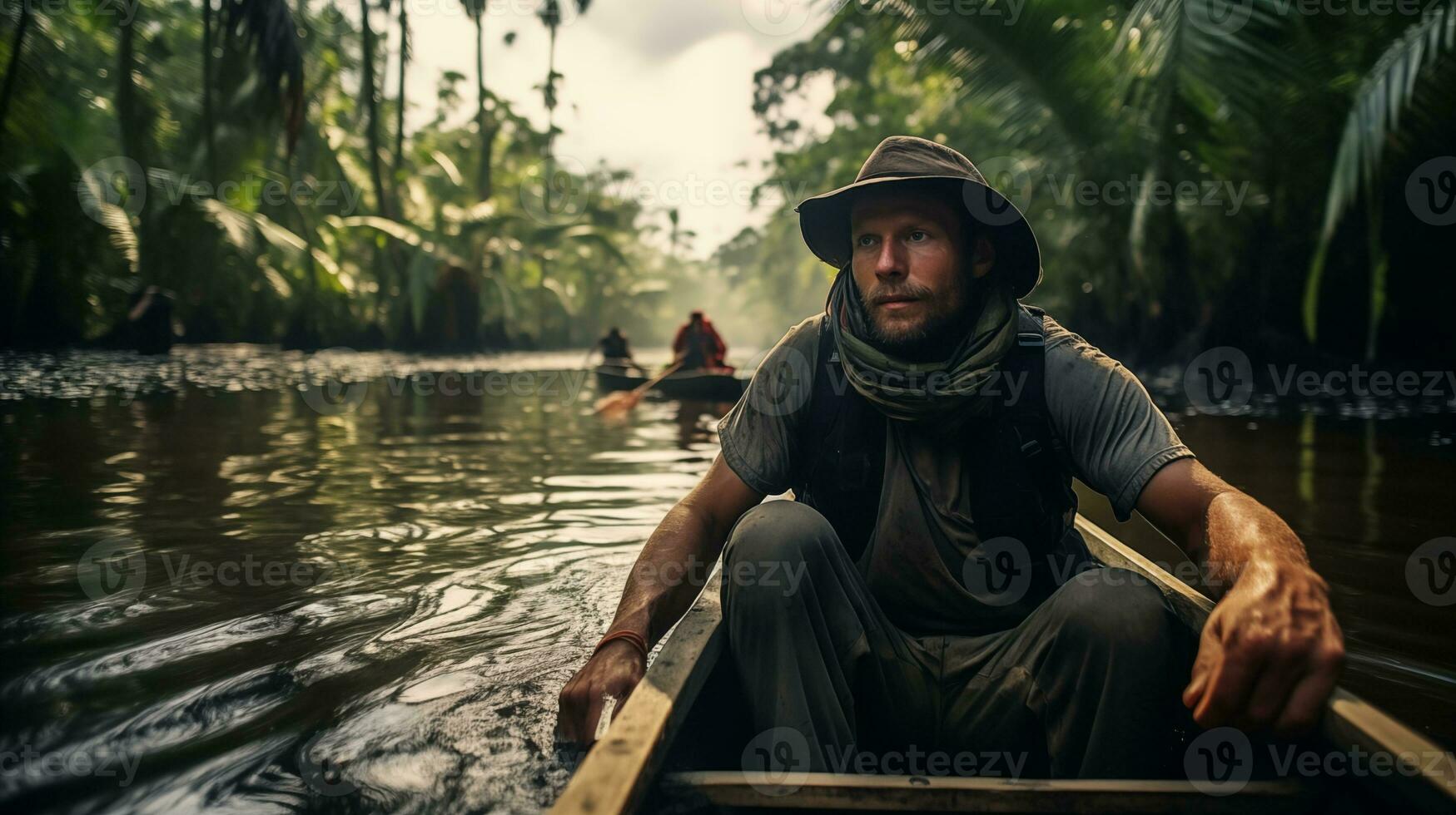 ai généré explorateur dans canoë sur amazonien rivière ai généré photo