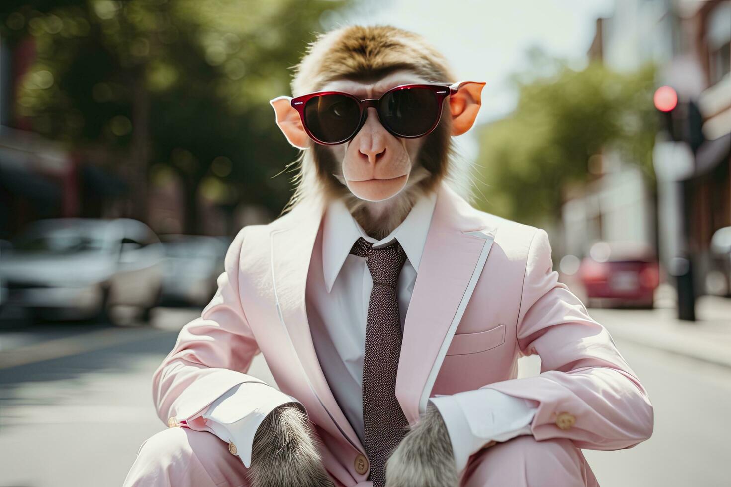 ai généré une singe est portant des lunettes de soleil, costume et permanent sur rue. ai généré photo