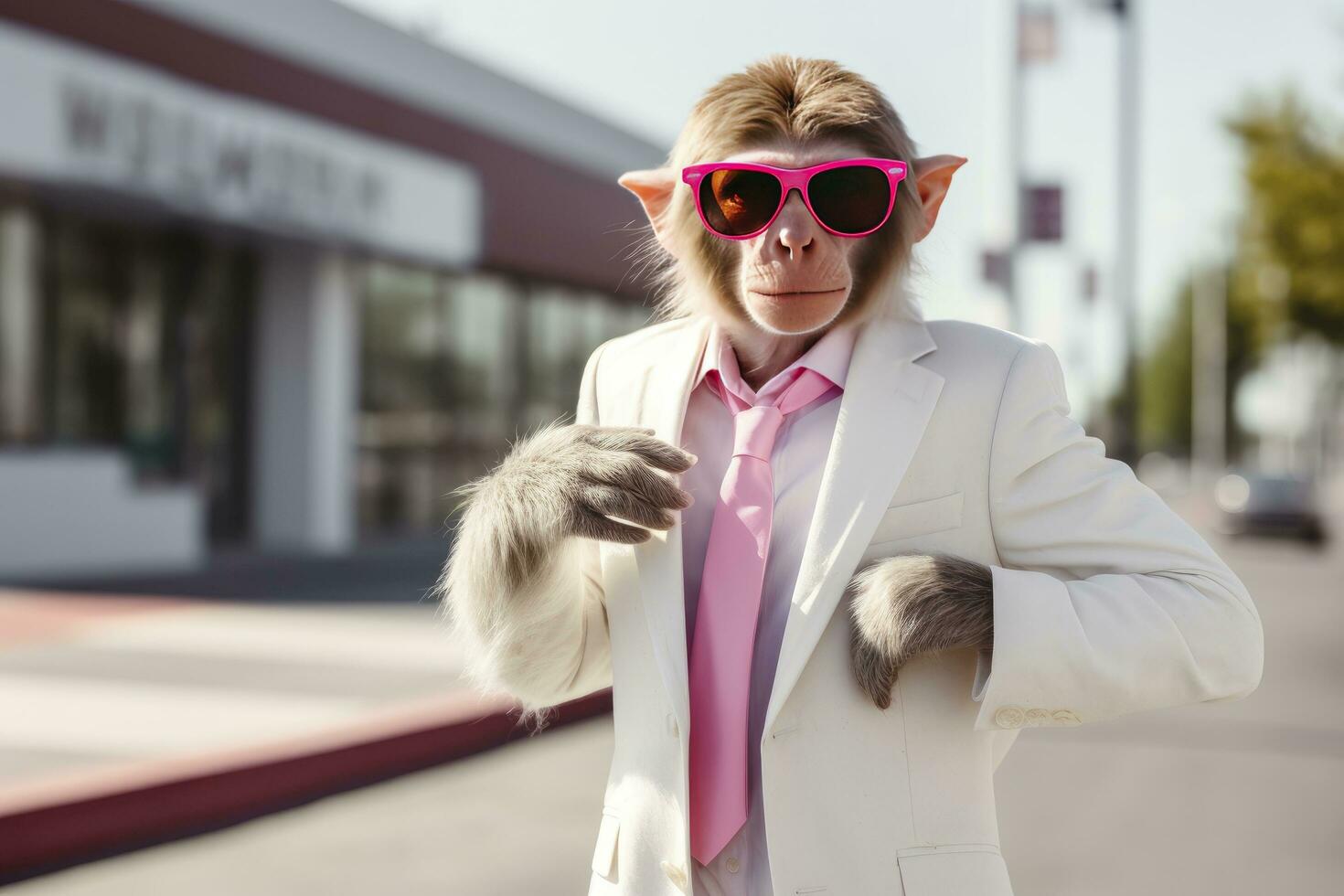 ai généré une singe est portant des lunettes de soleil, costume et permanent sur rue. ai généré photo