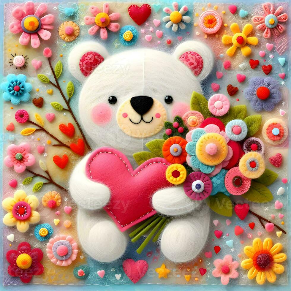 ai généré mignonne ours avec cœur et fleurs. Valentin carte avec romantique se sentait animal dans se sentait art patchwork courtepointe coloré expressionniste style photo